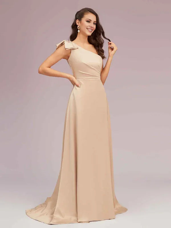 Robe Weitese A-line élégante à une épaule sans bretelles, robe longue en satin doux, robe de bal formelle sans manches